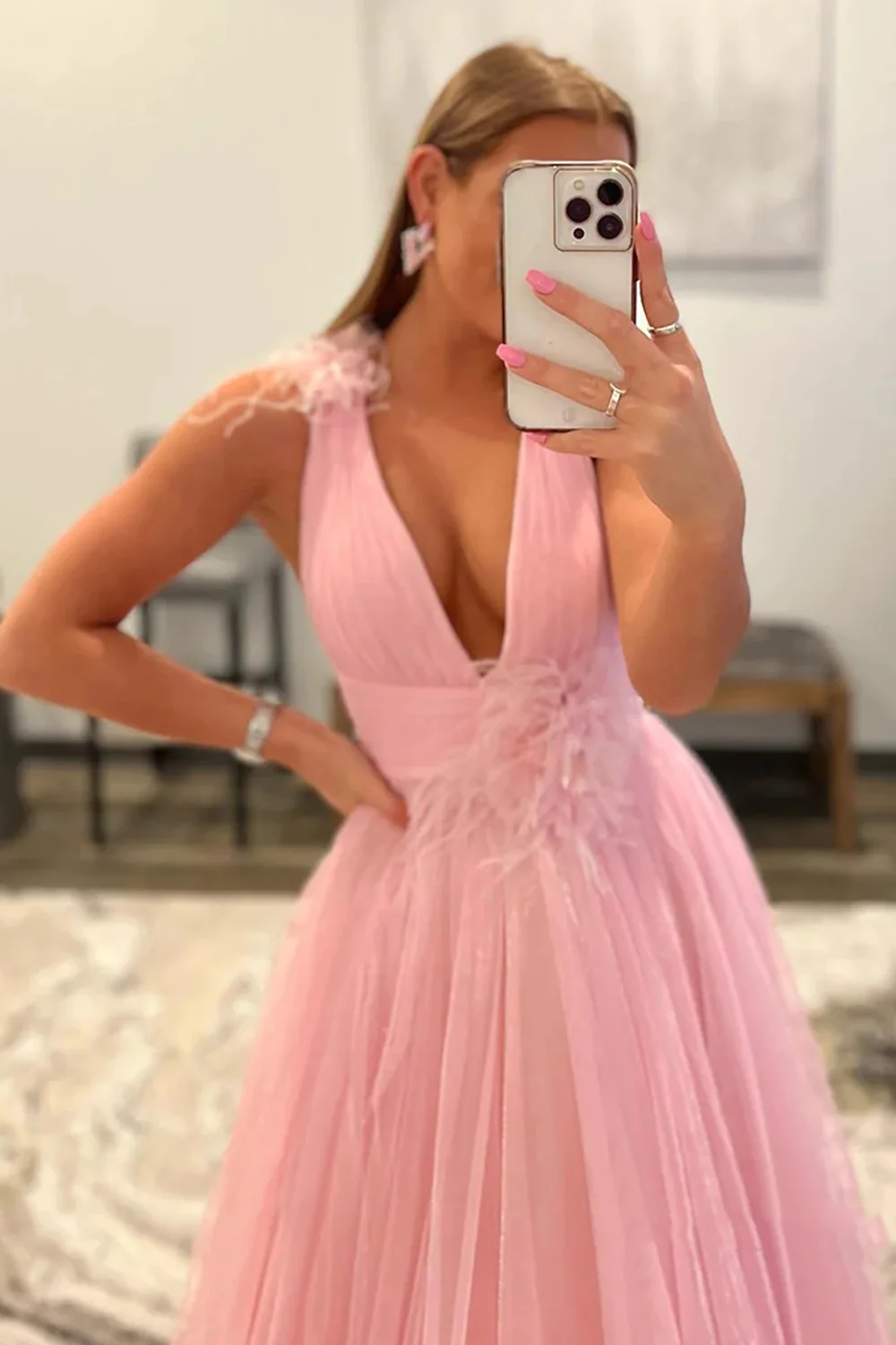 Light Pink V-Neck Backless Tulle Long Prom Dress nv698