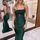 Charming Mermaid Scoop Neck Dark Green Satin Long Prom Dresses with Beading nv733