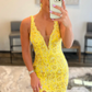 Sparkly Yellow Mermaid Lace Long Prom Dress with Beading nv686