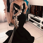 SLEEVELESS JEWEL SHEER APPLIQUES CHIC MERMAID PROM DRESSES LUXURIOUS ELEGANT BLACK EVENING GOWNS WITH CHAPEL TRAIN nv735
