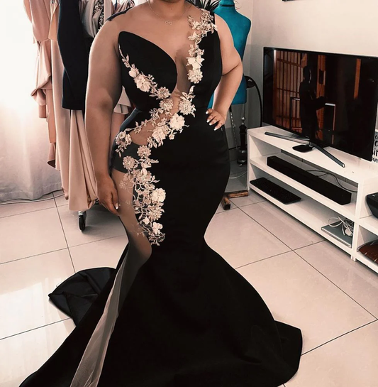 Black sleeveless jewel applique chic mermaid ball gown luxury elegant evening dress with train nv735