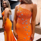 Mermaid One Shoulder Orange Long Prom Dress with Star Appliques nv640
