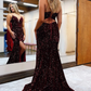 Black Lace-Up Back Sequis Mermaid Prom Dress with Slit nv631