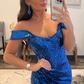 Blue Off Shoulder Mermaid Prom Dress with Slit nv669