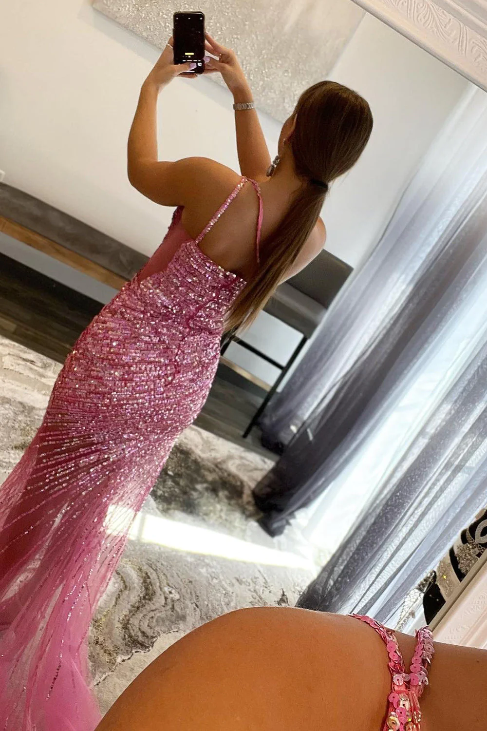 Sparkly Fuchsia One Shoulder Sequins Long Prom Dress with Slit nv753