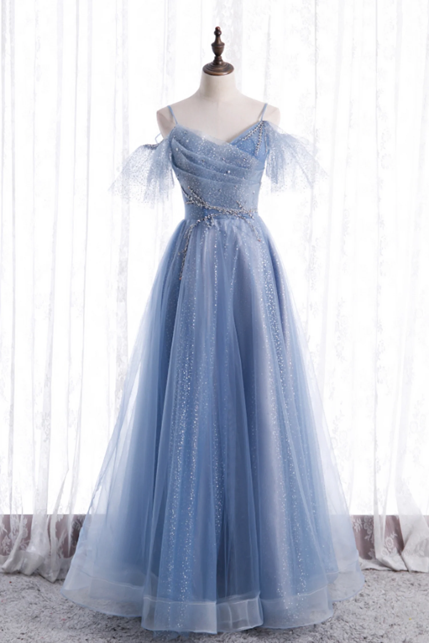 Blue Tulle Long A-Line Prom Dresses, Blue Spaghetti Strap Evening Dresses nv876