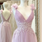 Aline V Neck Pink Long Prom Dresses, Pink Lace Long Formal Graduation Dresses nv834