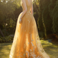 Champagne Tulle Lace Long Prom Dress, Tulle Lace Evening Dress nv859