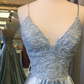 Light Blue Lace Lace-Up Back A-Line Prom Dress with Slit nv830