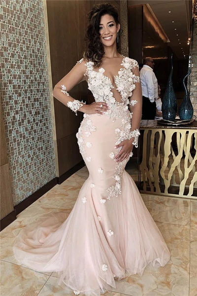 APPLIQUES MERMAID LACE PROM DRESSES V-NECK FORMAL GOWNS nv872