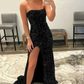Cute Mermaid Strapless White Sequins Long Prom Dresses with Slit  nv744
