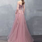 Pink A-line Tulle Lace Long Prom Dress Pink Lace Evening Dress nv861