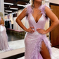Sheath Deep V Neck Light Pink Sequins Long Prom Dress with Feathersnv647