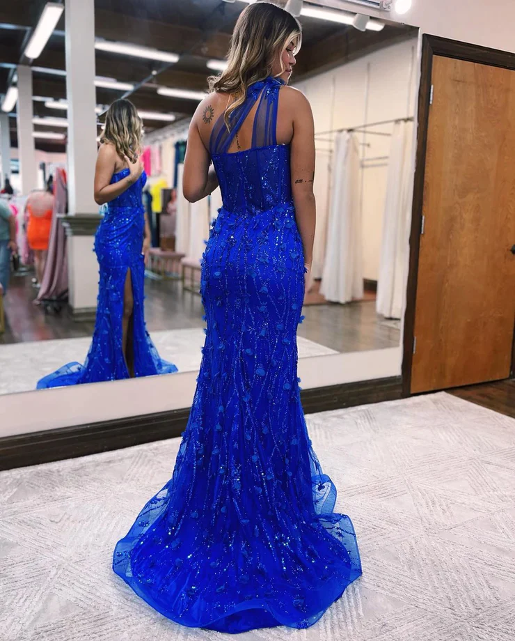 Charming Mermaid One Shoulder Royal Blue Lace Prom Dresses with Slit  nv741