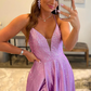 A Line Deep V Neck Purple Long Prom Dress with Beading nv682