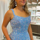 A Line Square Neck Light Blue Sequins Long Prom Dress nv679