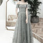 Grey Off Shoulder A-Line Tulle With Lace Long Party Dress, Grey Evening Dresses Prom Dress nv593