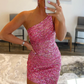 Sparkly Fuchsia One Shoulder Sequins Long Prom Dress with Slit nv753