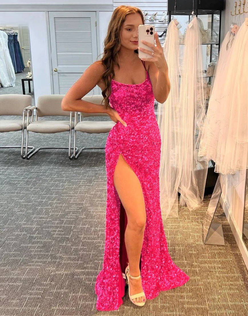Mermaid Glitter Sequins Sexy Hot Pink Backless Long Prom Dress nv774