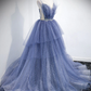 V Neck Tulle Sequin Long Prom Dress, Blue Tulle Formal Dress nv865