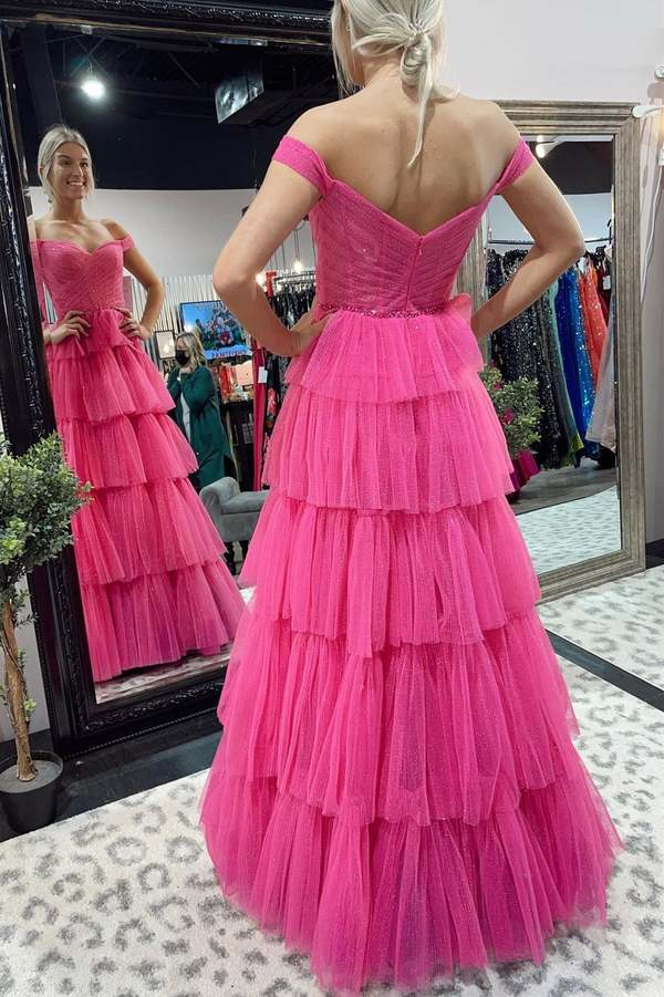 A-Line Fuchsia Tulle Long Prom Dresses Formal Evening Gowns nv777