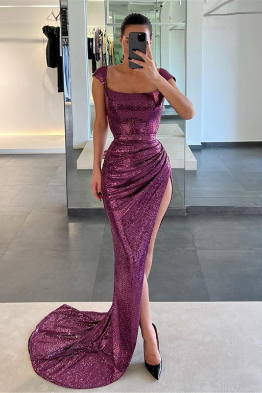Grape Cap Sleeves Mermaid Prom Dress Square Sequins With Slit nv759