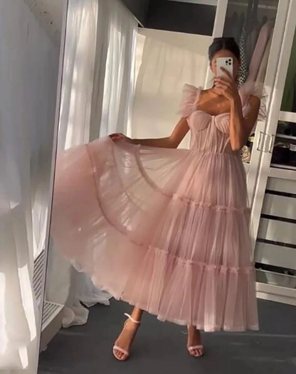 Ruffled Sleeves Tulle Dress, Tiered Ruffled A-line Skirt, Bridesmaid Party Dress, Graduation Dress, Wedding Party Dress, Tulle Corset Dress nv780
