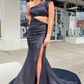 Cutout Blue One Shoulder Feathers Long Prom Dress nv837