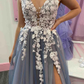 Elegant V Neck Smoke Gray Tulle Long Prom Dresses with Lace Flowers  nv711