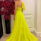 A Line Royal Blue Tulle Long Evening Dresses,Leg Slit Yellow Prom Gowns nv624