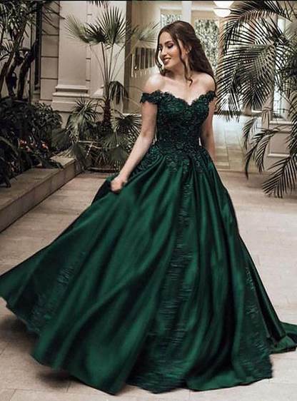 2023 Classic Satin Dark Green Off Shoulder Sweetheart Ball Dresses nv766