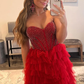 Red Beaded A-Line Tiered High Low Prom Homecoming Dress nv644