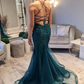 Hunter Green Floral Lace Lace-Up Back Mermaid Long Prom Gown nv856