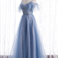 Blue Tulle Long A-Line Prom Dresses, Blue Spaghetti Strap Evening Dresses nv876