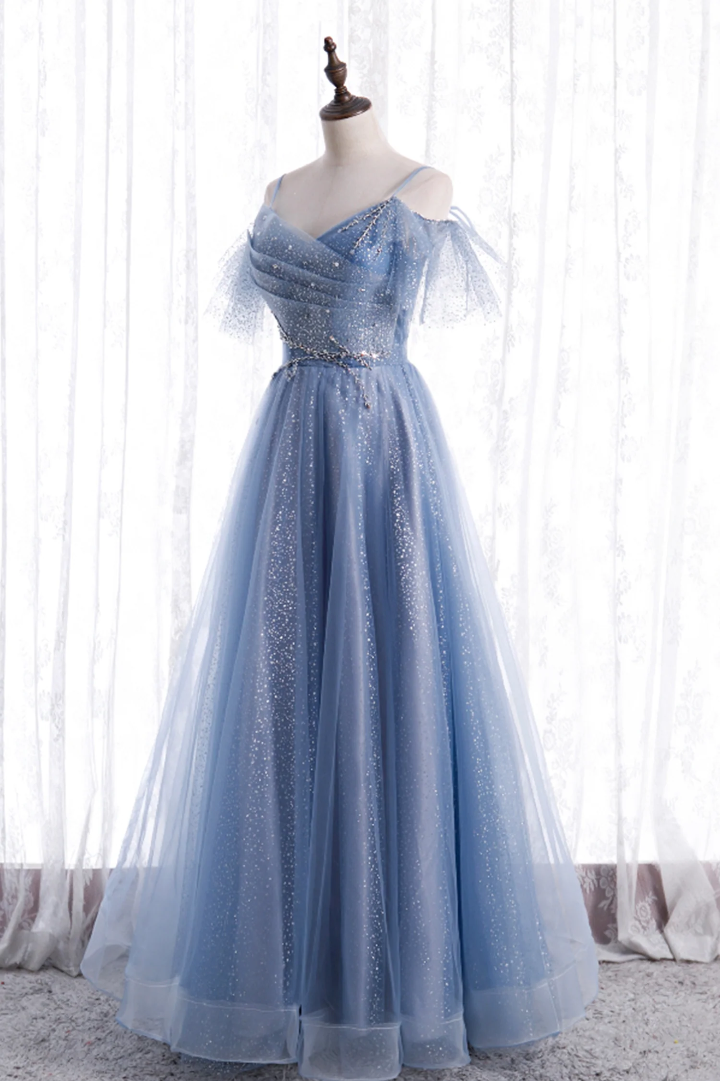 Blue Tulle Long A-Line Prom Dresses, Blue Spaghetti Strap Evening Dresses nv876