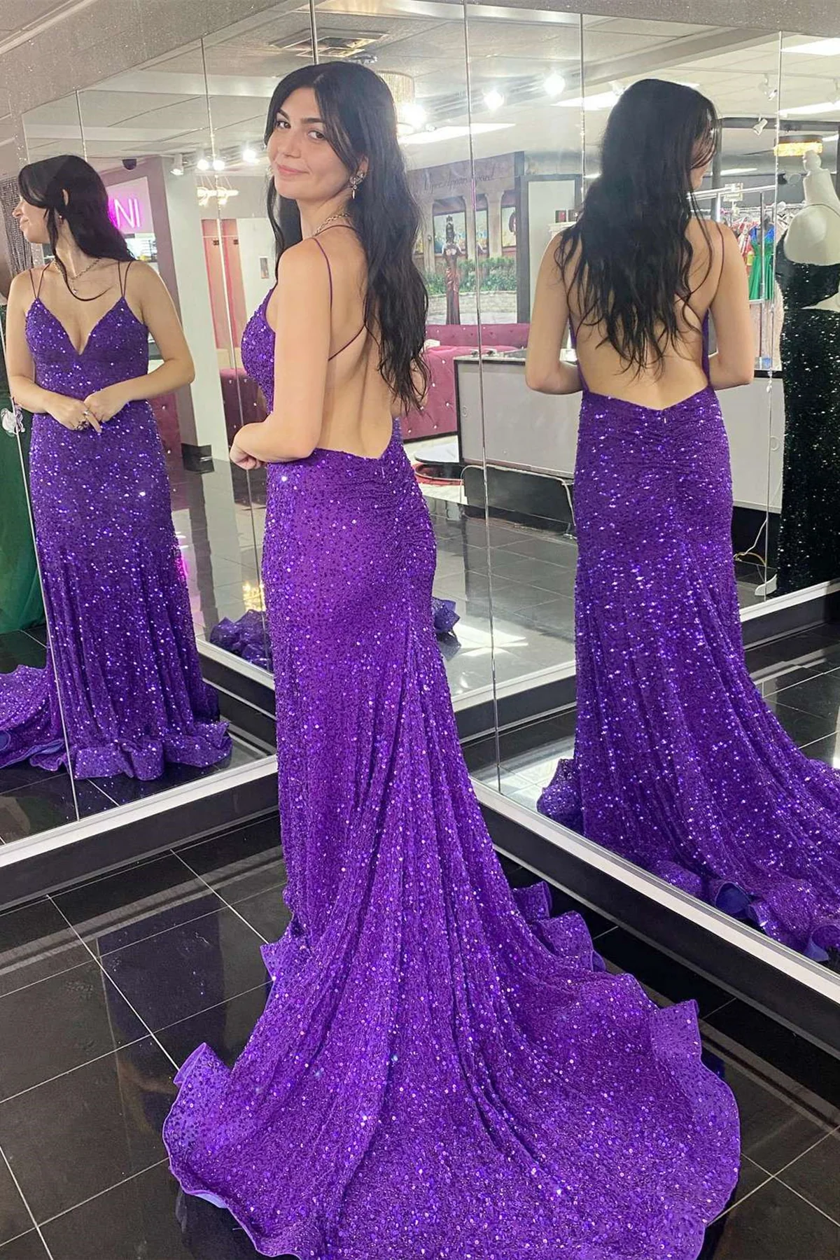 Purple V Neck Backless Sequins Long Prom Dresses, Open Back Purple Sequins Formal Evening Dresses nv785