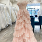 Light Blue Lace Sweetheart Tiered Long Prom Dress with Slit nv857