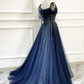 Blue Long Tulle Beaded Prom Dress, Blue Evening Party Dress nv606