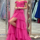 Shiny Tulle Tiered Prom Dress With Slit, Off Shoulder Formal Evening Dresses nv782