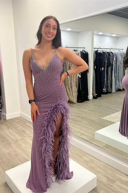 Purple gorgeous exquisite beaded V-neck spaghetti straps long ball gown evening dress sleeveless slit feathers nv804