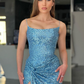 Spaghetti-Straps Sequins Blue Prom Dress Long With Splitnv757