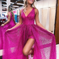 Beading Fuchsia V-Neck Pleated Tulle Prom Dress With Side Slit nv781