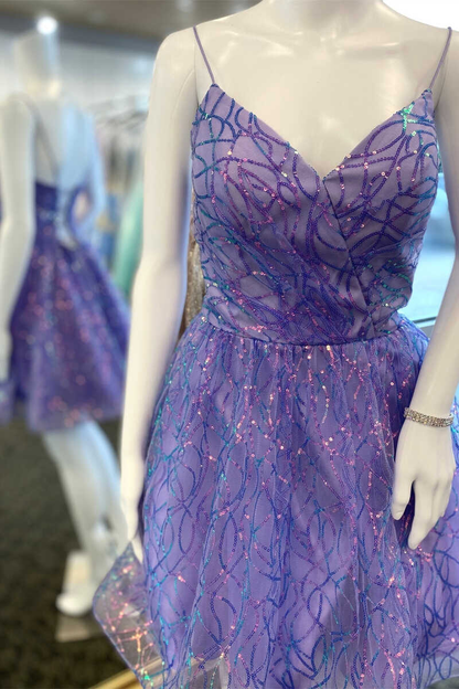 Glittery Lavender Lace-Up A-Line Mini Homecoming Dress nv801