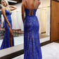 Sheath Spaghetti Straps Sequins Long Prom Dress with Silt nv756
