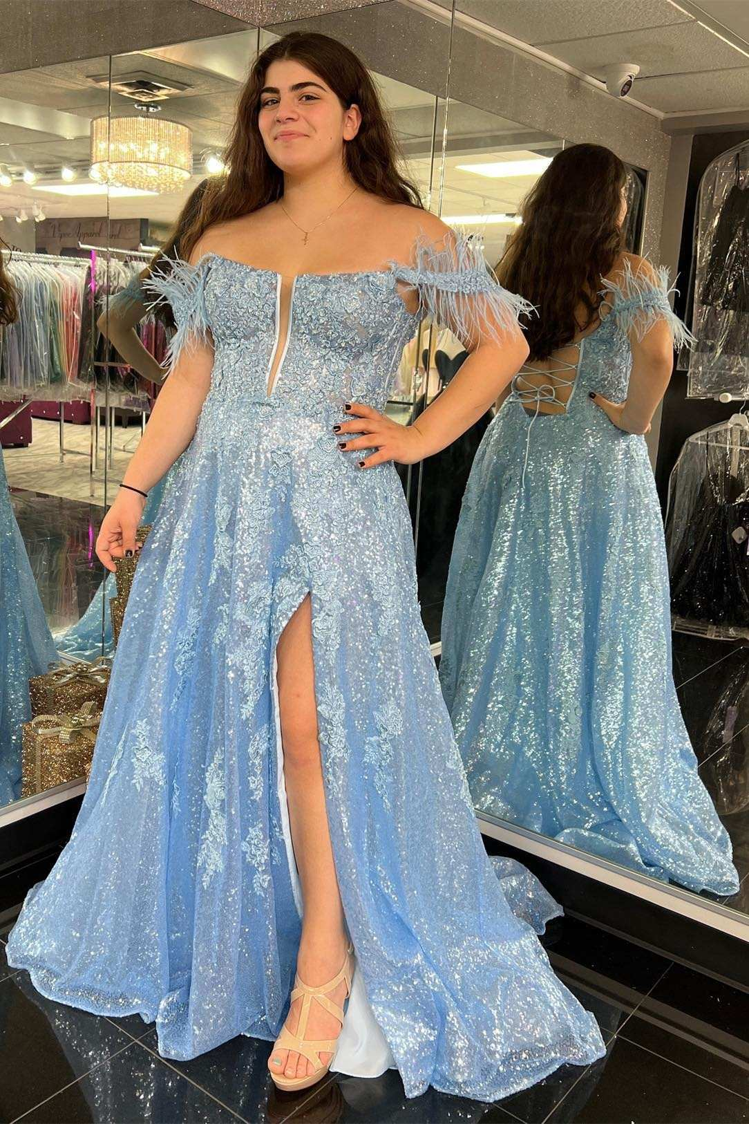 Off-the-Shoulder Blue Sequin Feather A-Line Prom Dress with Slit nv794