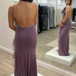Purple gorgeous exquisite beaded V-neck spaghetti straps long ball gown evening dress sleeveless slit feathers nv804