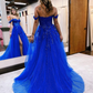 Royal Blue A-Line Tulle Long Prom Dresses, Blue Formal Evening Dresses nv793