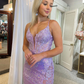 Cute Mermaid V Neck Lavender Sequins Prom Dresses with Slit nv797
