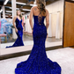 Charming Mermaid V Neck Royal Blue Sequins Prom Dress nv790