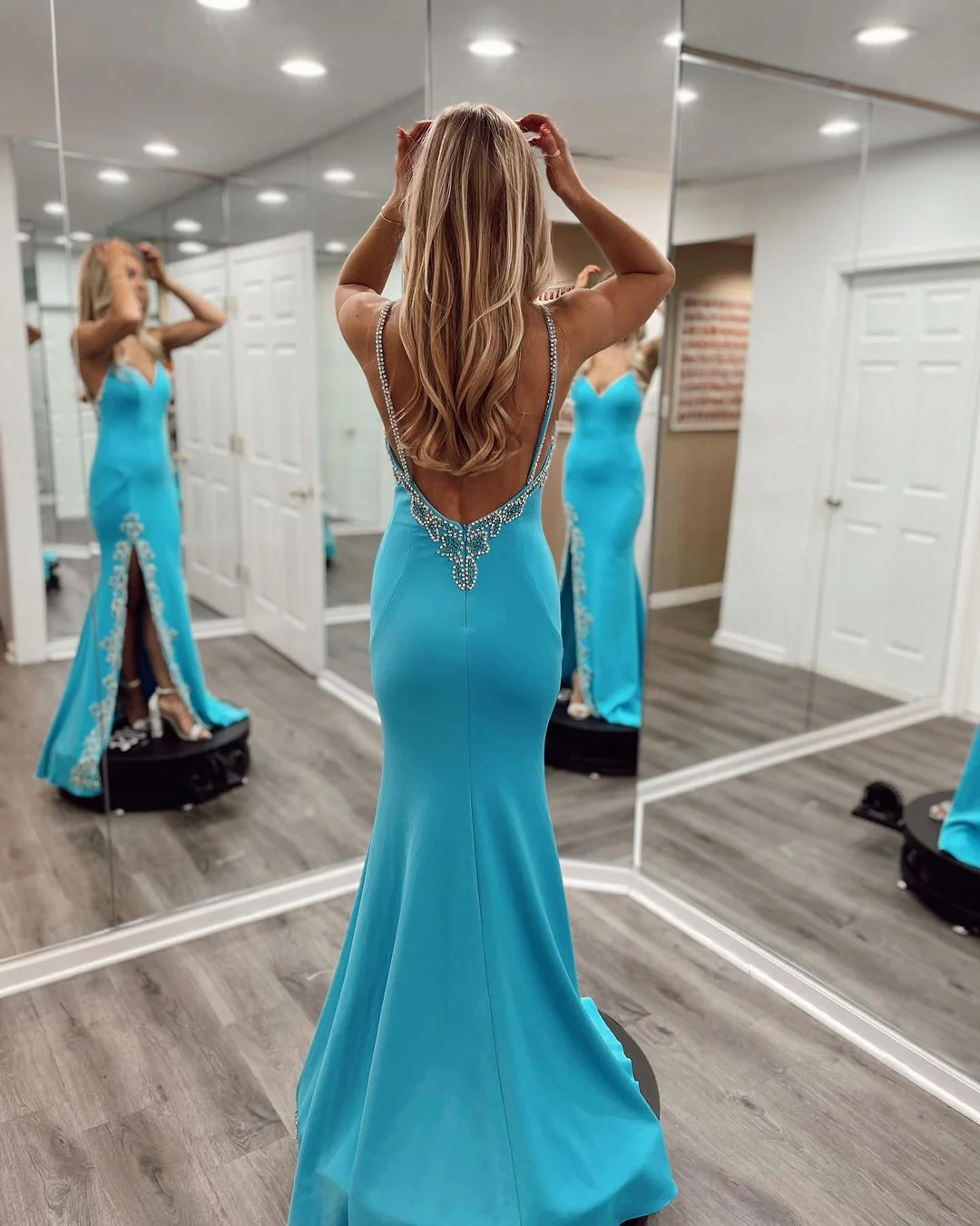 Cute Mermaid V Neck Blue Satin Long Prom Dresses with Slit nv755